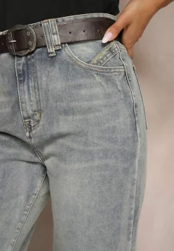 Jasnoniebieskie Jeansy z Bawełny o Szerokim Kroju z Paskiem i Ozdobnymi Przetarciami Nevelitae