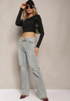 Jasnoniebieskie Jeansy z Bawełny o Szerokim Kroju Wykończone Dziurami Navilores