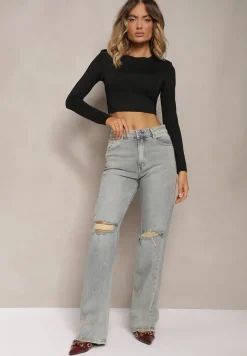 Jasnoniebieskie Jeansy z Bawełny o Szerokim Kroju Wykończone Dziurami Navilores