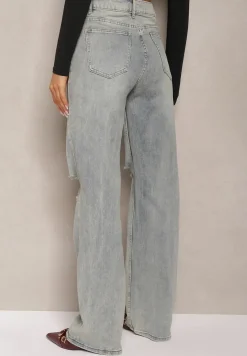 Jasnoniebieskie Jeansy z Bawełny o Szerokim Kroju Wykończone Dziurami Navilores