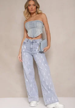Jasnoniebieskie Jeansy z Bawełny o Szerokim Kroju High Waist Ozdobione Przetarciami Feliona