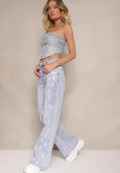 Jasnoniebieskie Jeansy z Bawełny o Szerokim Kroju High Waist Ozdobione Przetarciami Feliona