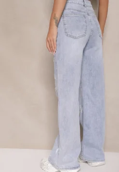 Jasnoniebieskie Jeansy z Bawełny o Szerokim Kroju High Waist Ozdobione Przetarciami Feliona