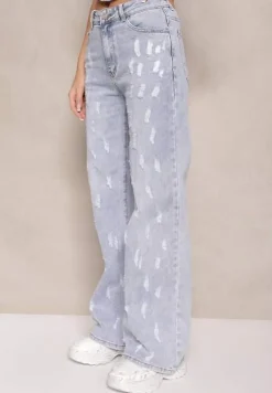Jasnoniebieskie Jeansy z Bawełny o Szerokim Kroju High Waist Ozdobione Przetarciami Feliona