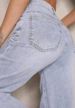 Jasnoniebieskie Jeansy z Bawełny o Szerokim Kroju High Waist Ozdobione Przetarciami Feliona