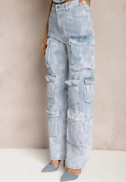 Jasnoniebieskie Jeansy z Szerokimi Nogawkami i Kieszeniami Cargo z Efektem Sprania Mokasia