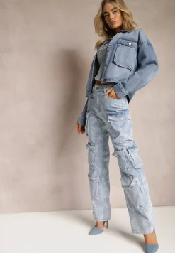 Jasnoniebieskie Jeansy z Szerokimi Nogawkami i Kieszeniami Cargo z Efektem Sprania Mokasia
