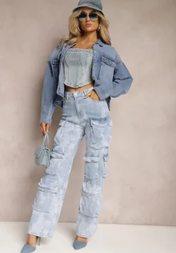 Jasnoniebieskie Jeansy z Szerokimi Nogawkami i Kieszeniami Cargo z Efektem Sprania Mokasia