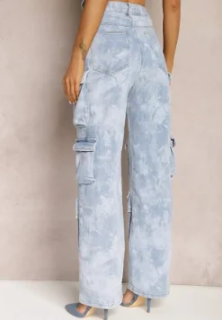 Jasnoniebieskie Jeansy z Szerokimi Nogawkami i Kieszeniami Cargo z Efektem Sprania Mokasia