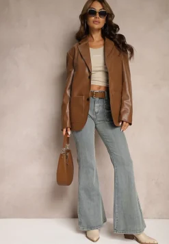 Jasnoniebieskie Jeansy z Bawełny Dzwony High Waist z Paskiem i Ozdobnymi Kieszeniami Mevalia