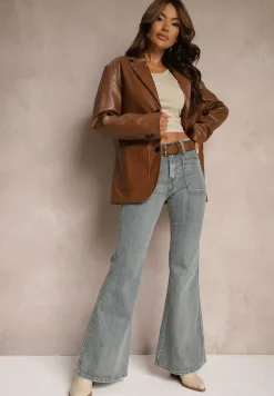 Jasnoniebieskie Jeansy z Bawełny Dzwony High Waist z Paskiem i Ozdobnymi Kieszeniami Mevalia