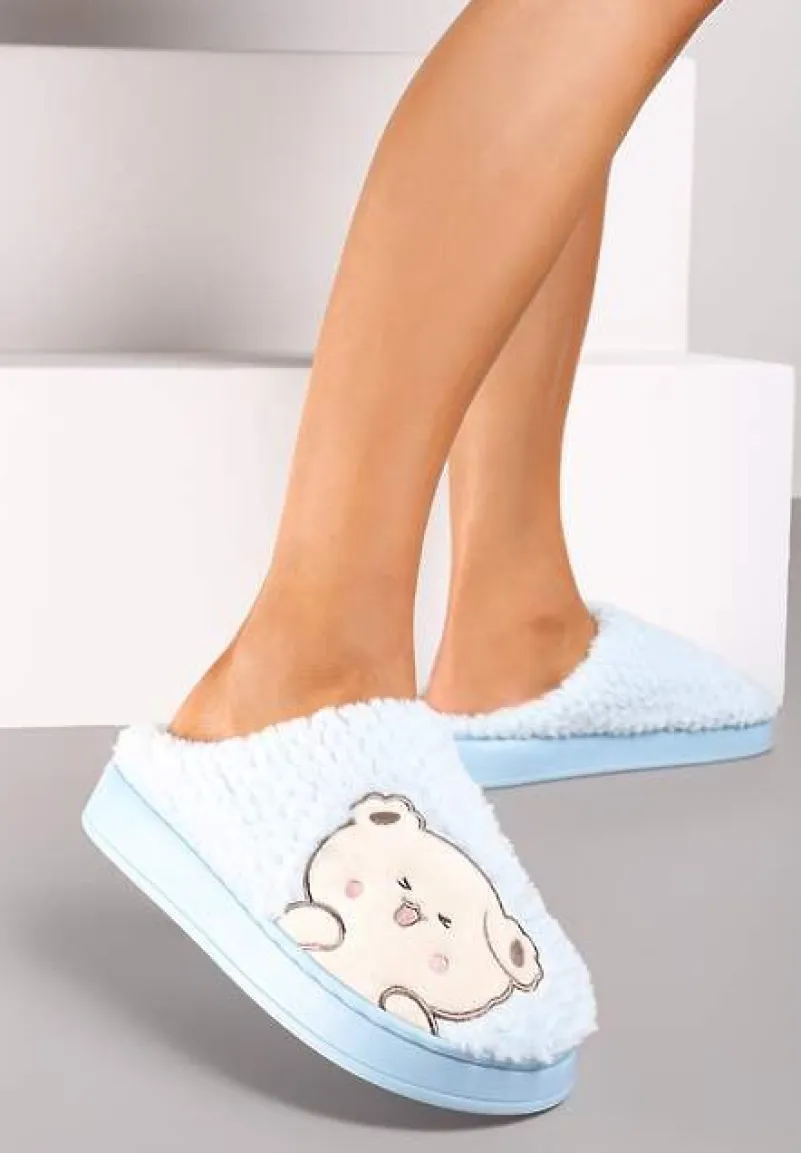 Jasnoniebieskie Kapcie na Platformie Ozdobione Haftowanym Motywem Laorisia