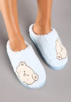 Jasnoniebieskie Kapcie na Platformie Ozdobione Haftowanym Motywem Laorisia