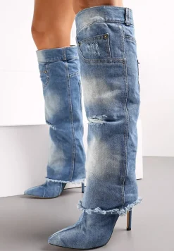 Jasnoniebieskie Kozaki Jeansowe na Szpilce z Przetarciami i Wywiniętą Cholewką Politre