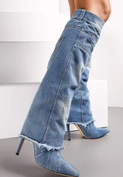 Jasnoniebieskie Kozaki Jeansowe na Szpilce z Przetarciami i Wywiniętą Cholewką Politre