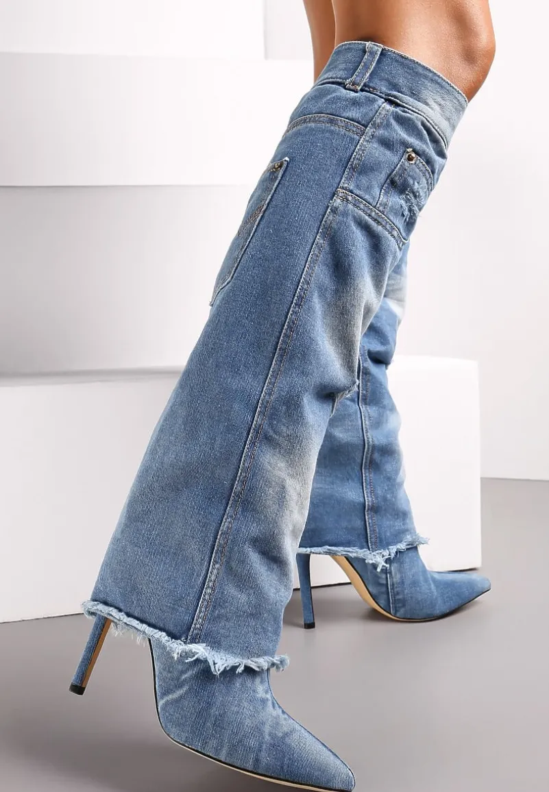 Jasnoniebieskie Kozaki Jeansowe na Szpilce z Przetarciami i Wywiniętą Cholewką Politre