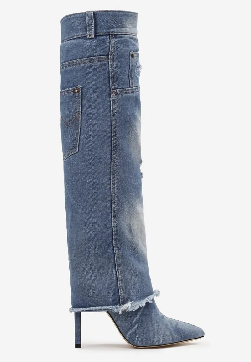 Jasnoniebieskie Kozaki Jeansowe na Szpilce z Przetarciami i Wywiniętą Cholewką Politre