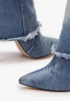 Jasnoniebieskie Kozaki Jeansowe na Szpilce z Przetarciami i Wywiniętą Cholewką Politre