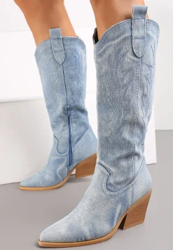 Jasnoniebieskie Kozaki Kowbojki na Stożku ze Szpiczastym Noskiem Nonwova