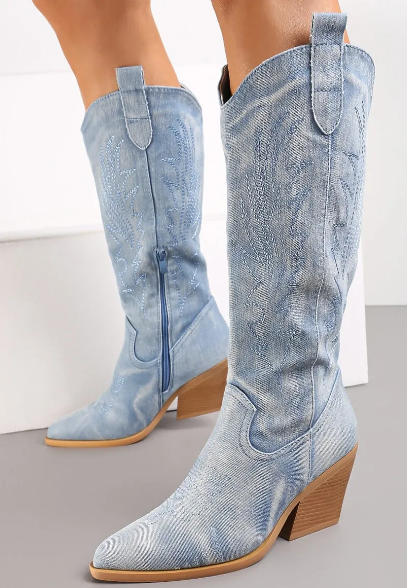 Jasnoniebieskie Kozaki Kowbojki na Stożku ze Szpiczastym Noskiem Nonwova