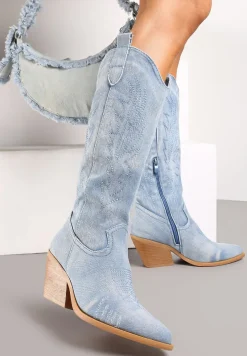 Jasnoniebieskie Kozaki Kowbojki na Stożku ze Szpiczastym Noskiem Nonwova