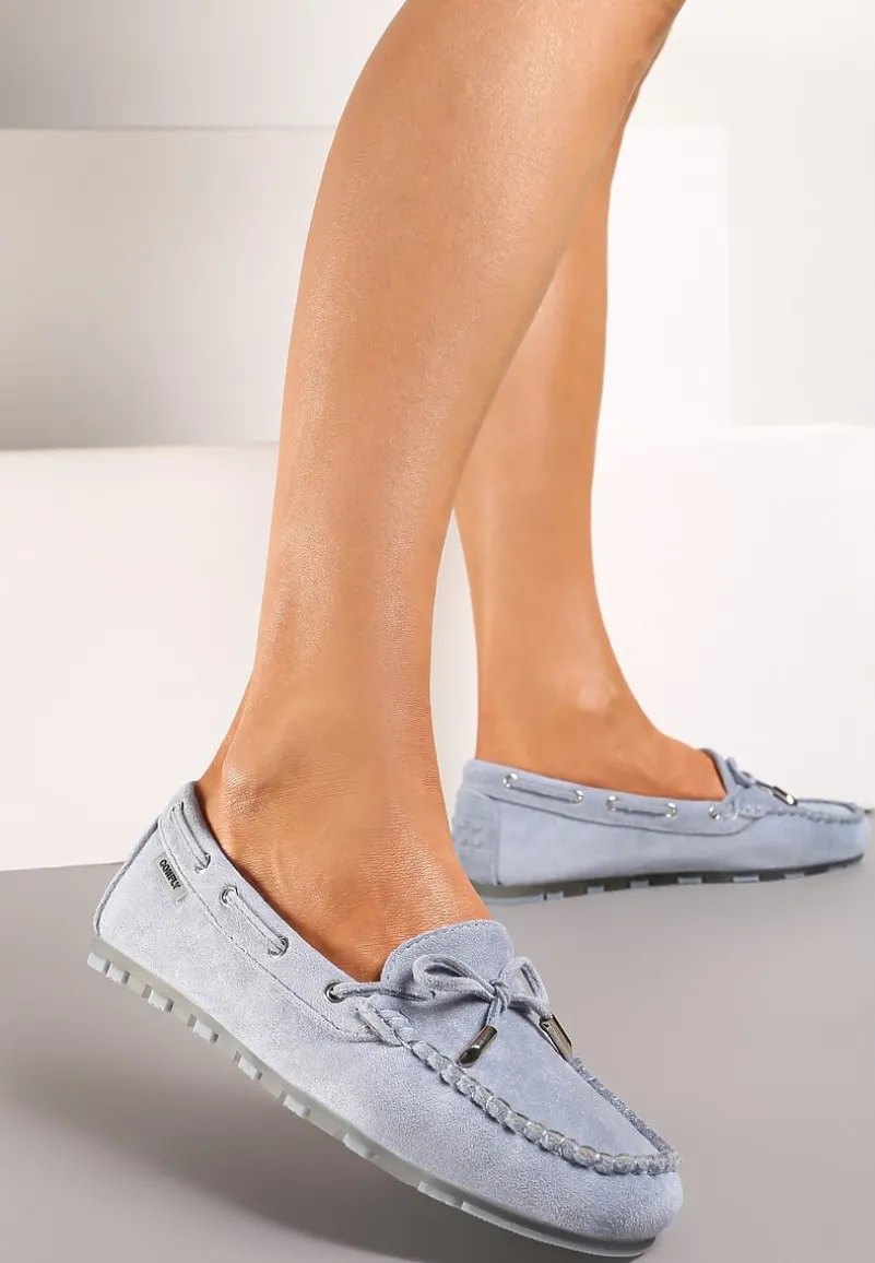 Jasnoniebieskie Mokasyny Ozdobione Wiązaniami i Kokardką na Froncie Cimella