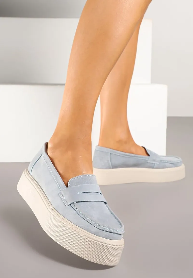 Jasnoniebieskie Mokasyny Skórzane na Platformie w Stylu Półbutów Sadawene