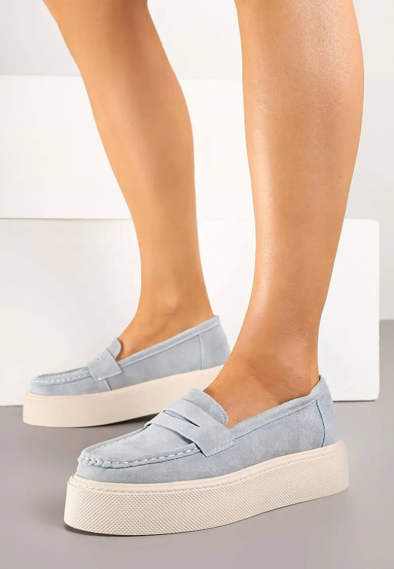 Jasnoniebieskie Mokasyny Skórzane na Platformie w Stylu Półbutów Sadawene