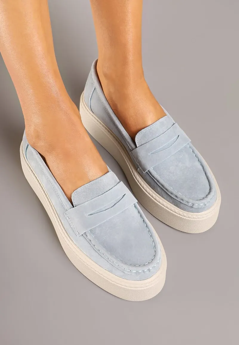 Jasnoniebieskie Mokasyny Skórzane na Platformie w Stylu Półbutów Sadawene