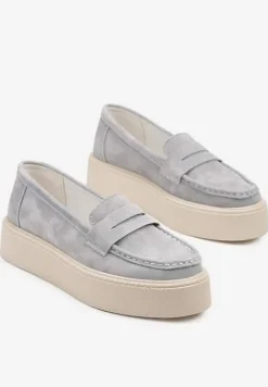 Jasnoniebieskie Mokasyny Skórzane na Platformie w Stylu Półbutów Sadawene