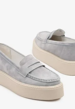 Jasnoniebieskie Mokasyny Skórzane na Platformie w Stylu Półbutów Sadawene