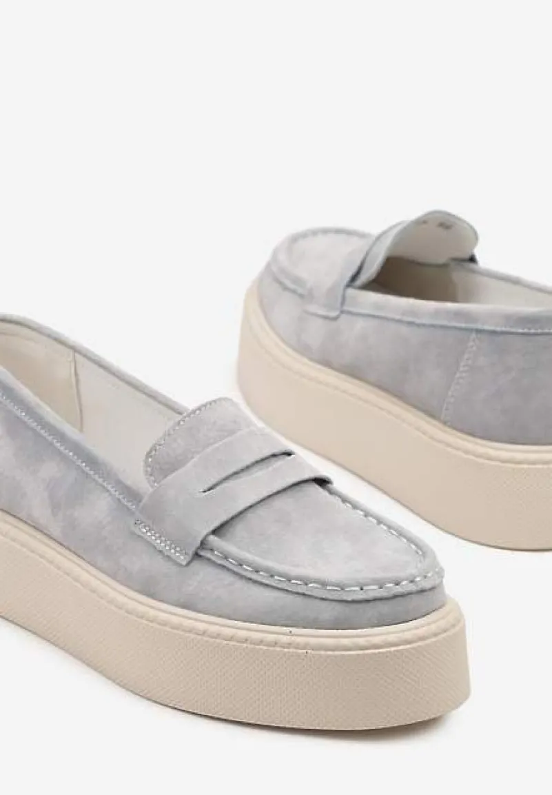 Jasnoniebieskie Mokasyny Skórzane na Platformie w Stylu Półbutów Sadawene