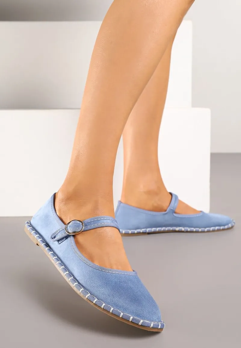 Jasnoniebieskie Płaskie Balerinki Espadryle z Paskiem i Ozdobnym Szwem Milesira