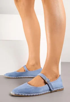 Jasnoniebieskie Płaskie Balerinki Espadryle z Paskiem i Ozdobnym Szwem Milesira