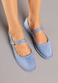 Jasnoniebieskie Płaskie Balerinki Espadryle z Paskiem i Ozdobnym Szwem Milesira