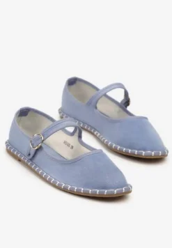 Jasnoniebieskie Płaskie Balerinki Espadryle z Paskiem i Ozdobnym Szwem Milesira