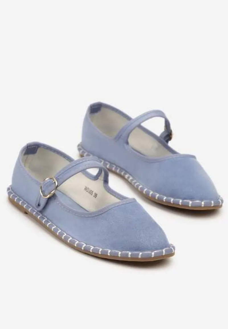 Jasnoniebieskie Płaskie Balerinki Espadryle z Paskiem i Ozdobnym Szwem Milesira