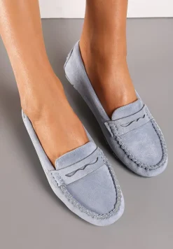 Jasnoniebieskie Płaskie Mokasyny o Klasycznym Fasonie z Przeszyciem Wenniva