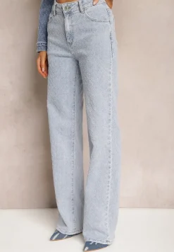 Jasnoniebieskie Proste Jeansy z Bawełny z Szerokimi Nogawkami High Waist Kiolara