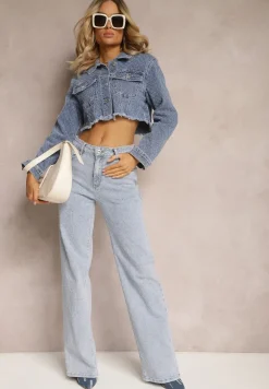 Jasnoniebieskie Proste Jeansy z Bawełny z Szerokimi Nogawkami High Waist Kiolara