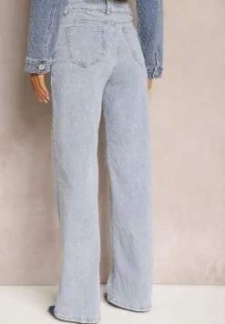 Jasnoniebieskie Proste Jeansy z Bawełny z Szerokimi Nogawkami High Waist Kiolara
