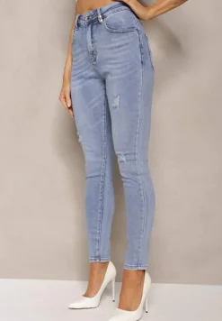 Jasnoniebieskie Skinny Jeansy Bawełniane z Dziurami i Przetarciami Altrasa
