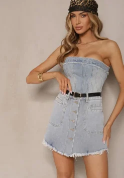 Jasnoniebieskie Spódnico-Szorty z Bawełny High Waist Ozdobione Paskiem i Guzikami Sadamine