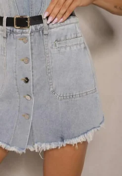 Jasnoniebieskie Spódnico-Szorty z Bawełny High Waist Ozdobione Paskiem i Guzikami Sadamine