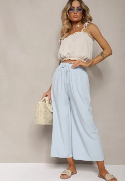Jasnoniebieskie Spodnie High Waist z Szerokimi Nogawkami z Wiskozą Wykończone Gumką w Talii Crisantas