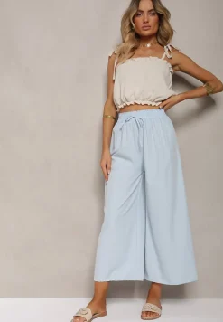 Jasnoniebieskie Spodnie High Waist z Szerokimi Nogawkami z Wiskozą Wykończone Gumką w Talii Crisantas