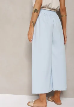 Jasnoniebieskie Spodnie High Waist z Szerokimi Nogawkami z Wiskozą Wykończone Gumką w Talii Crisantas
