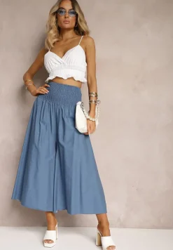 Jasnoniebieskie Spodnie Kuloty z Bawełny High Waist o Szerokim Kroju Wykończone Gumką w Pasie Alifrea