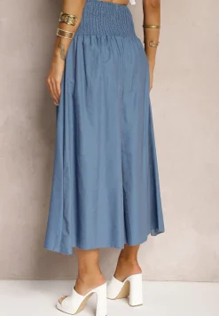 Jasnoniebieskie Spodnie Kuloty z Bawełny High Waist o Szerokim Kroju Wykończone Gumką w Pasie Alifrea