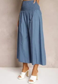 Jasnoniebieskie Spodnie Kuloty z Bawełny High Waist o Szerokim Kroju Wykończone Gumką w Pasie Alifrea